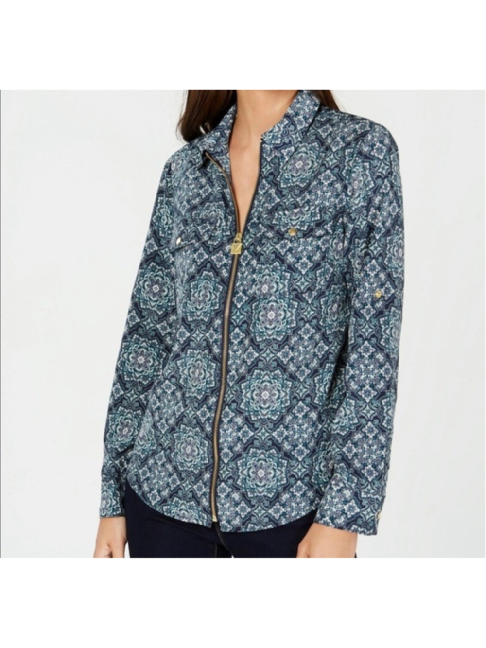 Michael Kors Women Full-Zip Long-Sleeve Geometric Roll-Tab Multicolor Top Medium